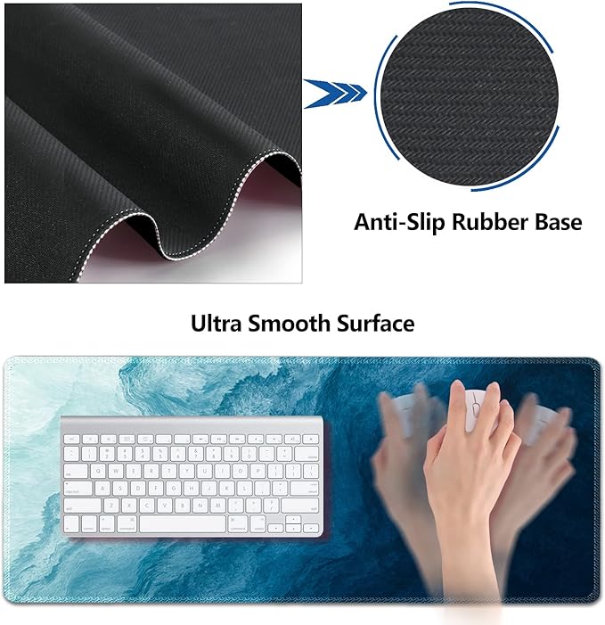 AIMSA Large Gaming Mouse Pad Set, Keyboard Wrist Rest Support + Extended Mouse Pad + Mouse Wrist Cushion + Coaster, Ergonomic Memory Foam Multifunctional Desk Mat 35x15.7inch (Dark Blue Waves)
