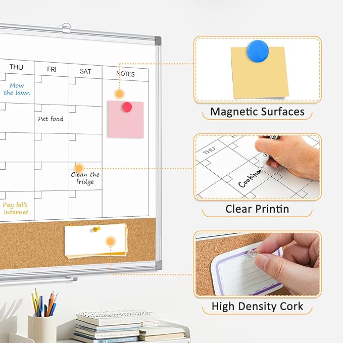 Large Dry Erase Calendar for Wall, 36"x24" Double-Sided Magnetic Whiteboard Calendar with Cork Board, Aluminum Frame Monthly White Board Memo Message Board for Office, Home, School, Kitchen