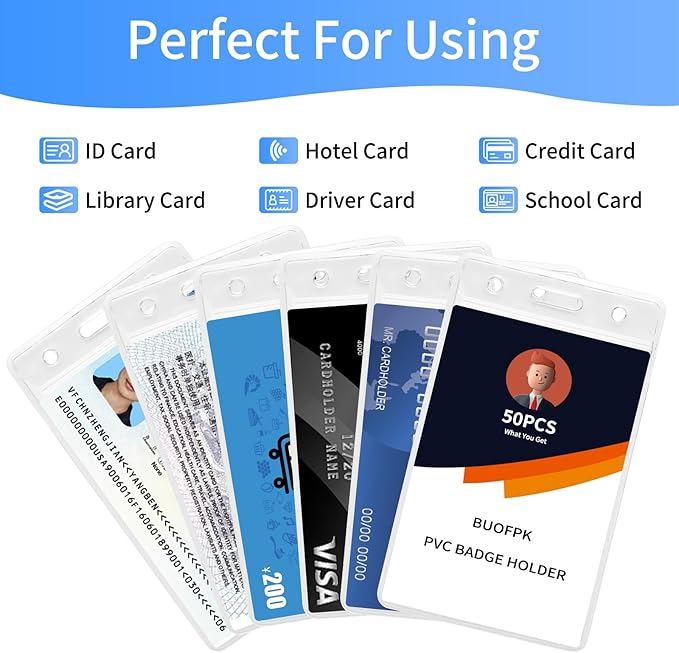 50 pcs Clear Vertical ID Badge Holder, Waterproof Plastic Name Tag Sleeve with Resealable Zip, 3.62" x 2.44"Card Protector for Nurse, Teacher, Student, Office, School Use