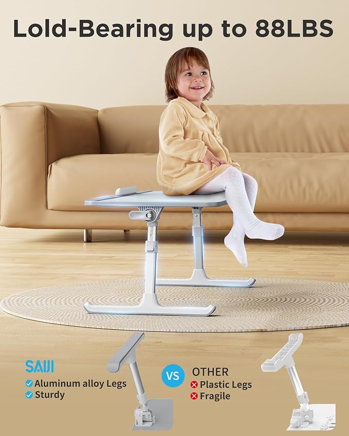 SAIJI Leather Laptop Bed Tray Table, Adjustable Laptop Stand with Removable Stopper, Portable Lap Desks with Foldable Legs, Notebook Stand Breakfast Reading Desk for Sofa Couch Floor(Large,Gray)