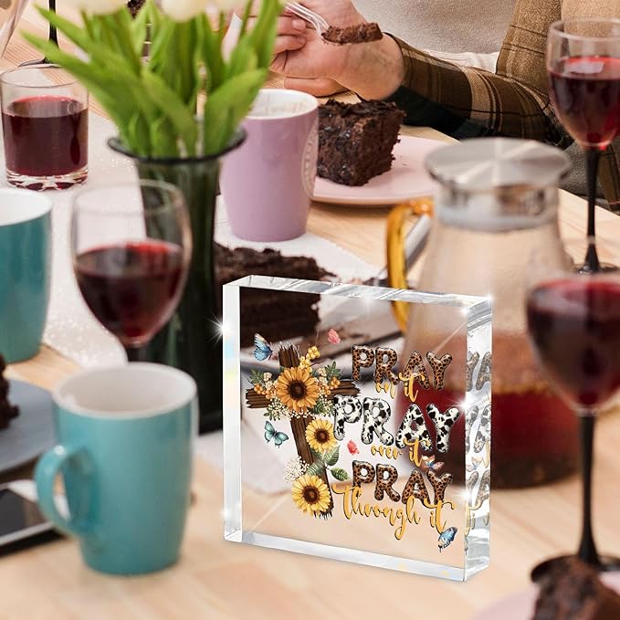 Power in Prayer Inspirational Decor, Pray Over It Bible Verse Wall Art Christian Gifts for Women, Scripture Desk Sign for Modern Home Office Room Bathroom Bedroom Decoration 4x 4 Inches (Leopard)