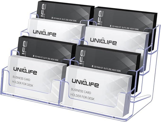 Uniclife Acrylic Business Card Holder for Desk 8 Slots Clear Business Card Display Stand for Men & Women Desktop Business Card Organizer Card Stand for Office Home Exhibition, 480 Card Capacity