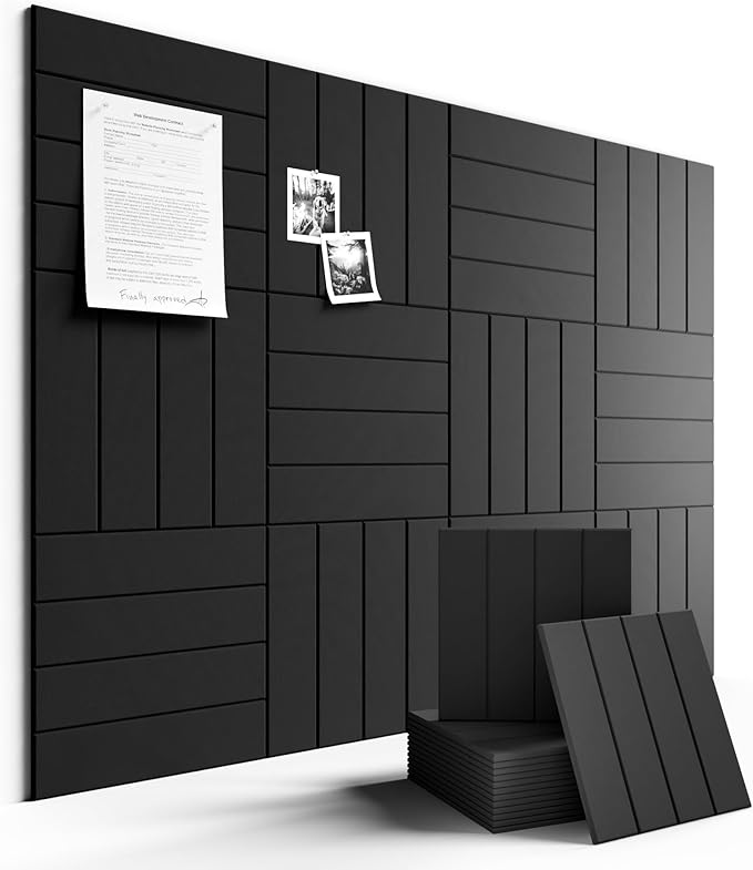 Felt Bulletin Board Tiles Large 48" x 36" Cork Board Alternative-12 Pack with 70 Adhesive Tabs, Thick Slat Wall Panels for Office Decor, Push Pin Board Wall Organizer Alternative -Black