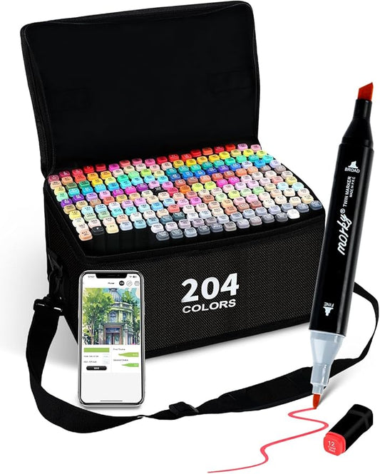 204 Colors Alcohol Markers with Free App, Chisel & Fine Tip Alcohol-Based Marker Set for Adults Kids, Dual Tip Artist Markers for Drawing, Coloring Illustration, Painting and Great Gift Idea