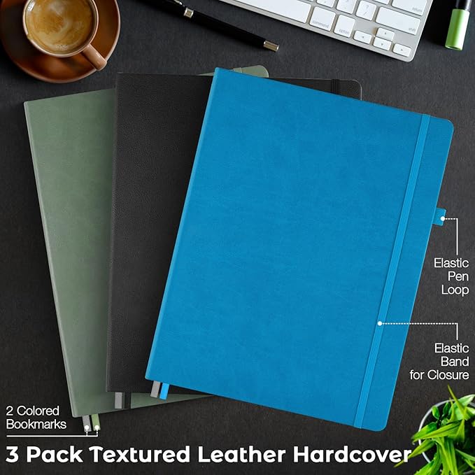 3 Pack College Ruled Notebook, A4 Hardcover Leather Notebook for Work, Lined Notebook Journal for Women, Men, 192 Thick Paper, 8.5" x 11", Large Notebook, Professional Business Notebook, Multicolor