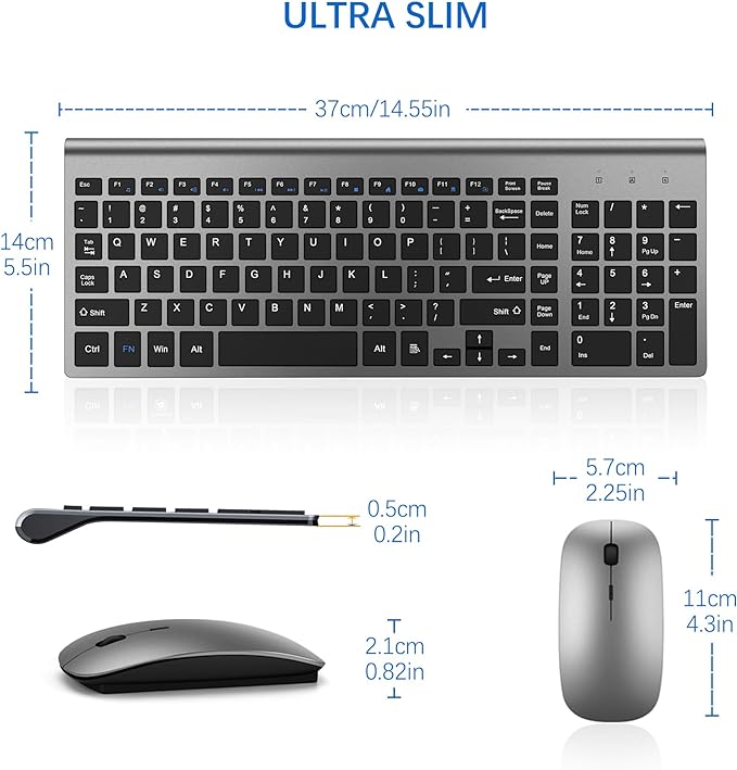 Wireless Keyboard and Mouse Ultra Slim Combo, TopMate 2.4G Silent Compact USB 2400DPI Mouse and Scissor Switch Keyboard Set with Cover, 2 AA and 2 AAA Batteries, for PC/Laptop/Windows/Mac - Gray Black