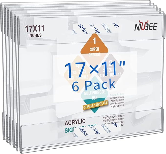 NIUBEE Acrylic Sign Holder 11 x 17 Horizontal Wall Mount Sign Holders Clear Acrylic Frame with Double Sided Tape Clear Poster Frames Plastic Sign Holder for Office, Home, Restaurant, Landscape, 6 Pack