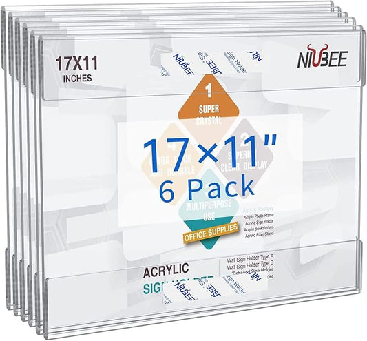 NIUBEE Acrylic Sign Holder 11 x 17 Horizontal Wall Mount Sign Holders Clear Acrylic Frame with Double Sided Tape Clear Poster Frames Plastic Sign Holder for Office, Home, Restaurant, Landscape, 6 Pack