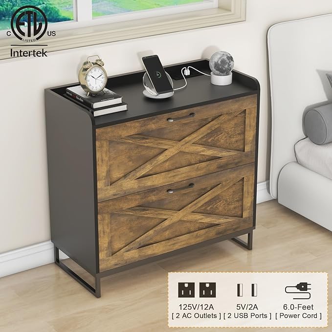 Lateral File Cabinet with Charging Station, 2 Drawer File Cabinet for Letter/Legal/A4 Size Hanging Files, Large Wood File Storage Cabinets, Rustic Brown and Black