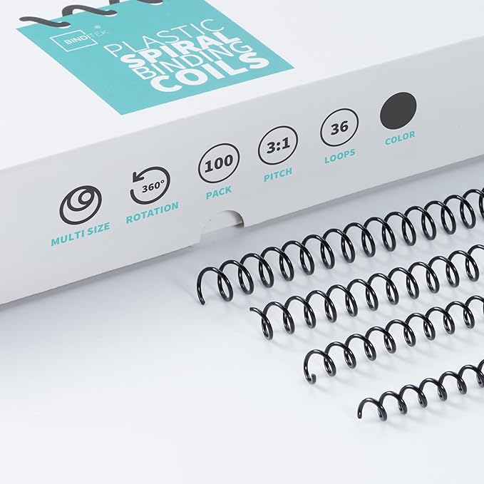Binditek 100 Pack Plastic Spiral Binding Coils, 4 Different Sizes (6mm, 8mm, 10mm, 12mm)(1/4", 5/16", 3/8", 1/2"), 3:1 Pitch, 36Loops, Black, for Letter Size