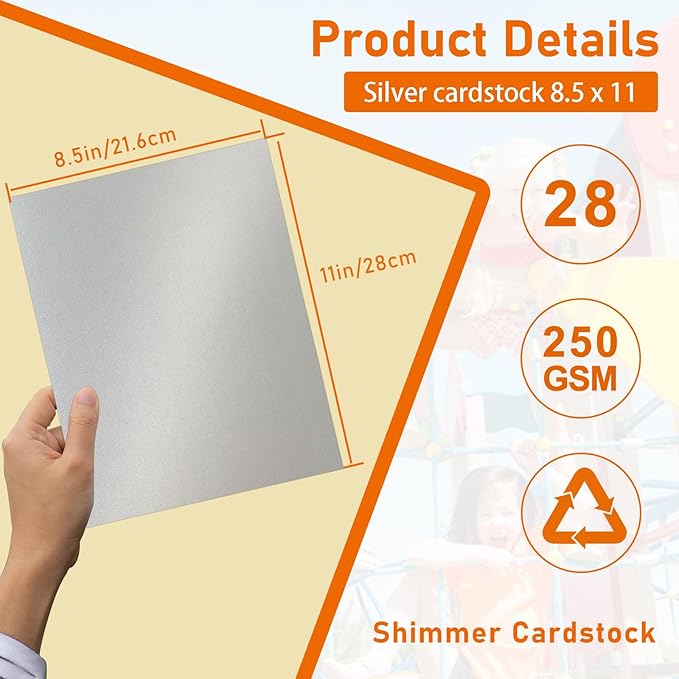 28 Sheets Silver Shimmer Cardstock 8.5 x 11 Craft Paper, 92lb Premium Glossy Grey Paper Card Stock for Wedding, Scrapbooking, Business Cards, Making Cards, Menus