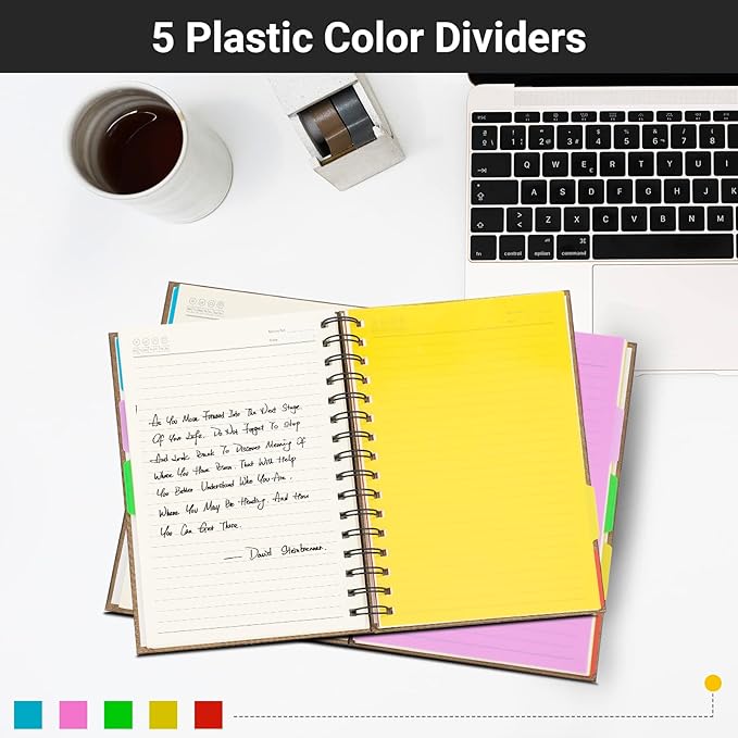 EUSOAR Notebook 5 Subject with Tabs, 1pcs A5 5.5"x8.3" Spiral College Ruled Writing Pad, 100GSM 120Sheets/ 240Pages of Lined Paper, Thick Hardcover, for Traveling Students, Office and Business, Kraft