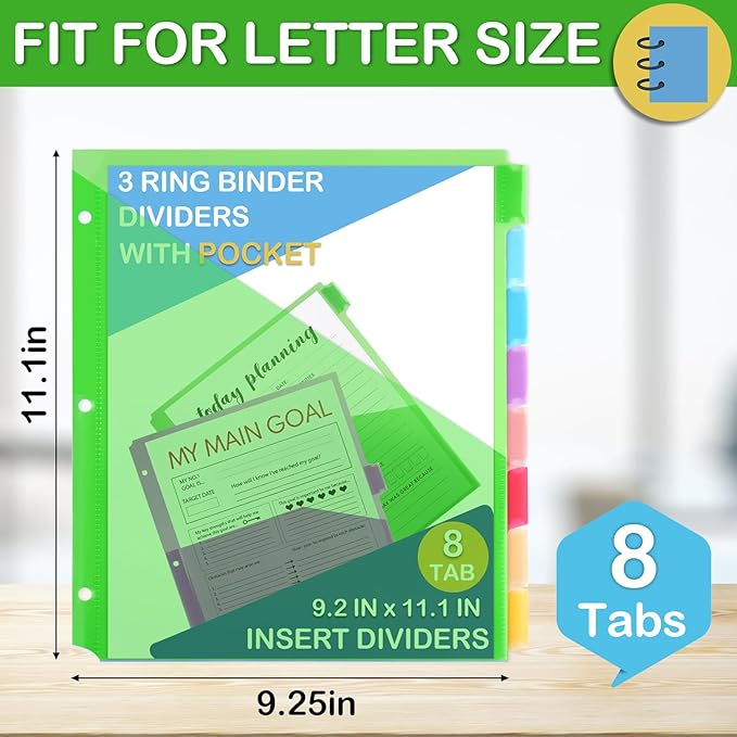 3 Ring Binder Dividers with Pockets, 8 Tab Plastic Dividers for 3 Ring Binders, Heavy Duty Binder Dividers with Blank Write Tabs for School Office Document Indexing and Protection, Multicolor