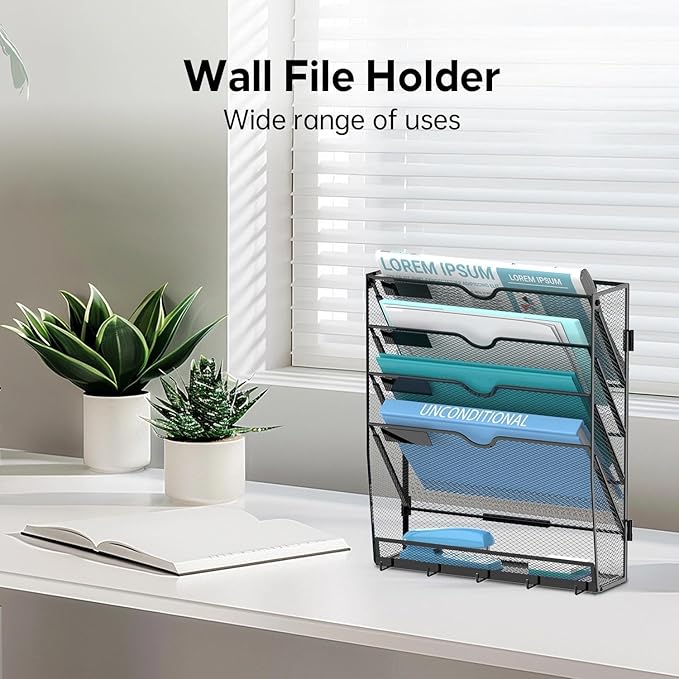 Wall File Organizer with 5 Hooks 5 Tier Hanging File Organizer, Vertical Wall Mount Mail Organizer for Papers, Folders, Magazines, Bills, Office&School Organization, Black
