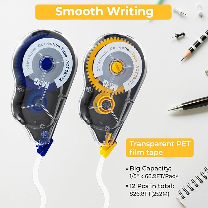 M&G 12 pack 68.9 Feet correction tape,826.8FT/ 252M in total, Correction tape bulk for School, Office, Note Taking, Journal,Easy to Use Applicator for Instant Corrections