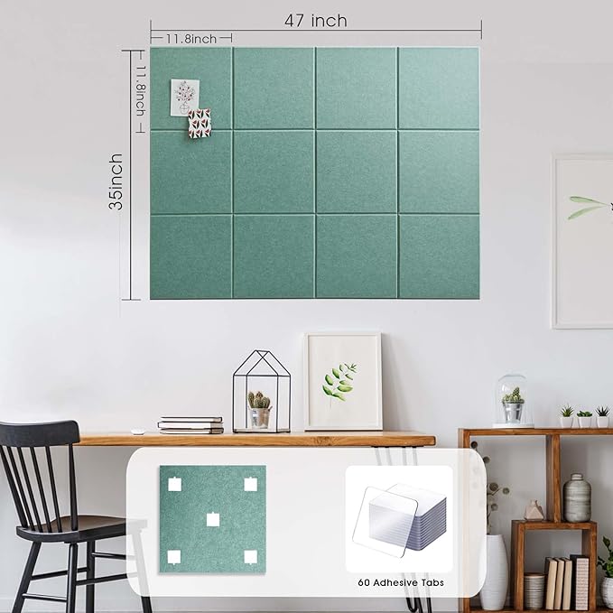 Large Cork Board for Office Wall Decor,48"x36"-12 Pack Felt Wall Tiles with Safe Removable Adhesive Tabs, 1/2" Thick, Felt Bulletin Board Pin Board Cork Boards for Walls - Sage Green