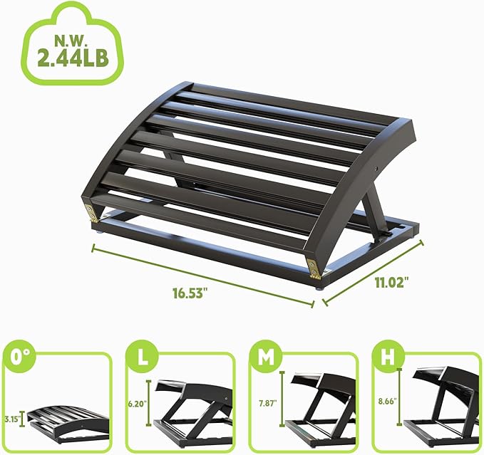 Foot Rest for Under Desk at Work - Adjustable Black Bamboo Footrest for Office and Couch