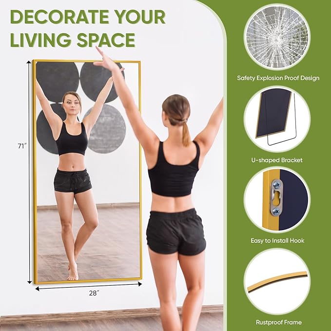 Full-Length Floor Mirror with Stand, 71"x28" Rectangle Style Full Body Standing Mirror for Bedroom, Living Room, Gym, Dorm - Shatter-Resistant & Easy Assembly, Gold