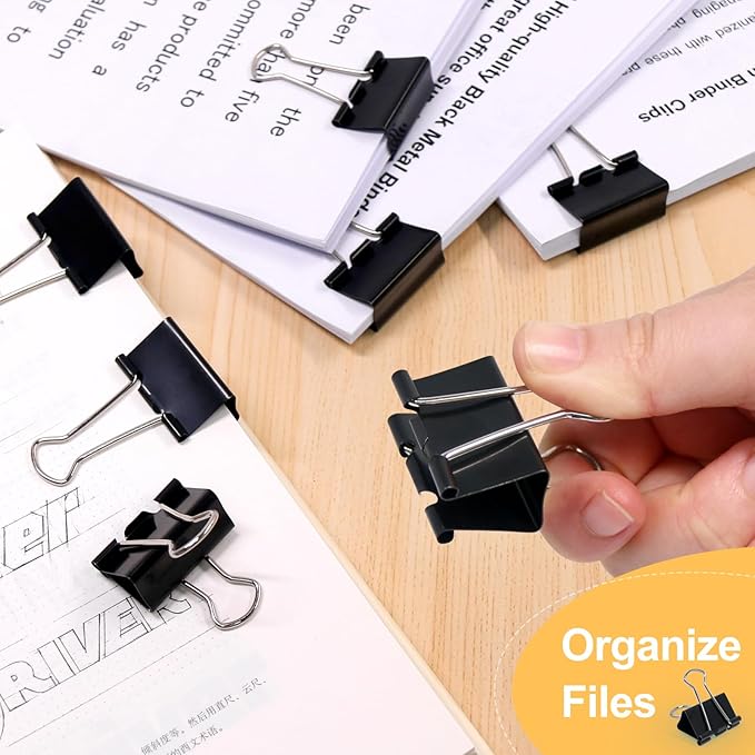 Coideal Black Binder Clips Medium, 1.25 Inch Black Metal Paper Clips 24 Pcs 32mm Foldback Bull Clip Clamps for Office School (1 1/4 Inch)