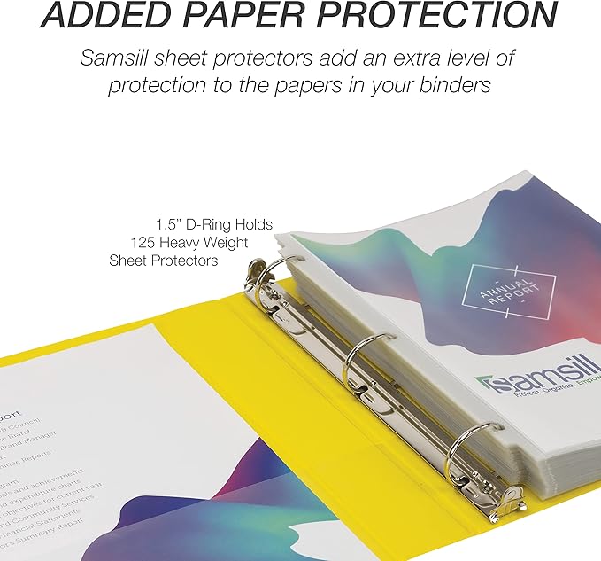 Samsill Durable 1.5 inch 3 Ring Binder, Made in USA, D Ring Binder, FSC 100% Recycled Chipboard, Yellow, 4 Pack