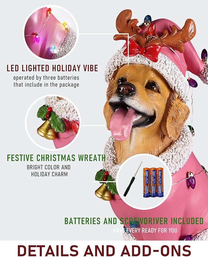 Christmas Outdoor Decoration Dog Statue, LED Light Cute Golden Retriever Dog Sculpture with Pink Santa Outfit & Lights for Garden and Yard, Indoor Holiday Décor Gift for mom and dad