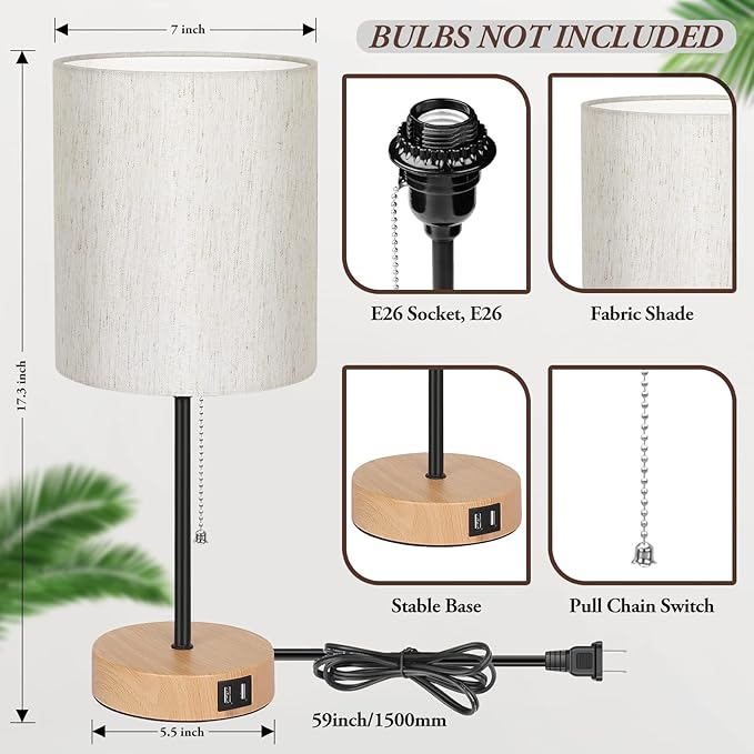 Table Lamps Set of 2 with USB Charging Ports, Bedside Lamps with AC Outlet, Nightstand Lamps with Pull Chain Switch, Minimalist Modern Desk Lamps with Flaxen Shade for Living Room Bedroom Office