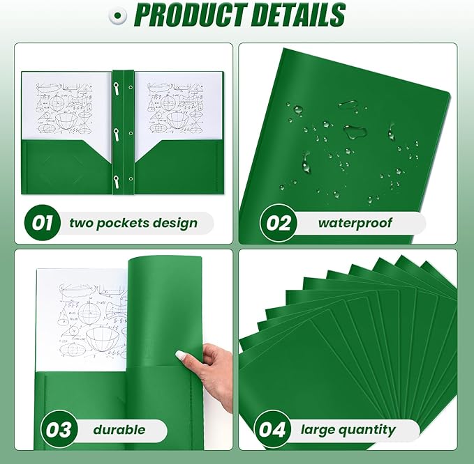 Yeaqee 60 Pcs Plastic Folders with Pockets and Prong Plastic Folders with 2 Pockets Pocket for Office, School for Students, Teachers, Office Workers (Dark Green)