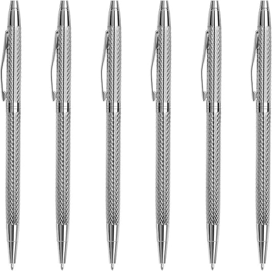 Unibene Slim Metallic Retractable Ballpoint Pens - Carved Silver, Nice Gift for Business Office Students Teachers Wedding Christmas, Medium Point(1 mm) 6 Pack-Black ink