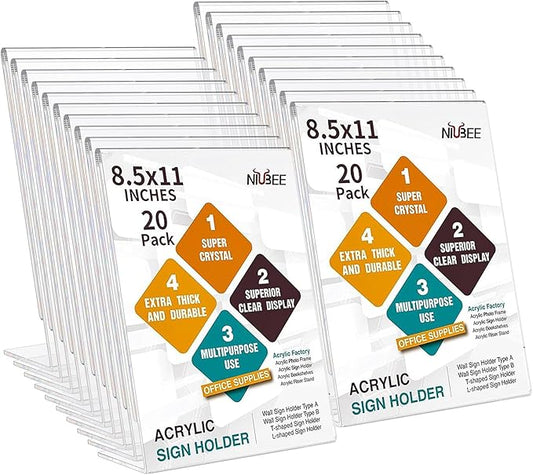 NIUBEE Acrylic Sign Holder 8.5 x 11 Inches Slanted Back, Clear Plastic Sign Holder Paper Display Table Stand for Office, Store, Restaurant (20 Pack)