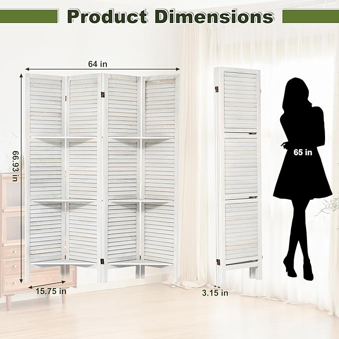 NicBex 4 Panel Room Divider 5.6FT Louvered Design Room Dividers with Display Storage Shelves Folding Privacy Screens Portable Freestanding Partition Wall Dividers for Home Bedroom Office, White