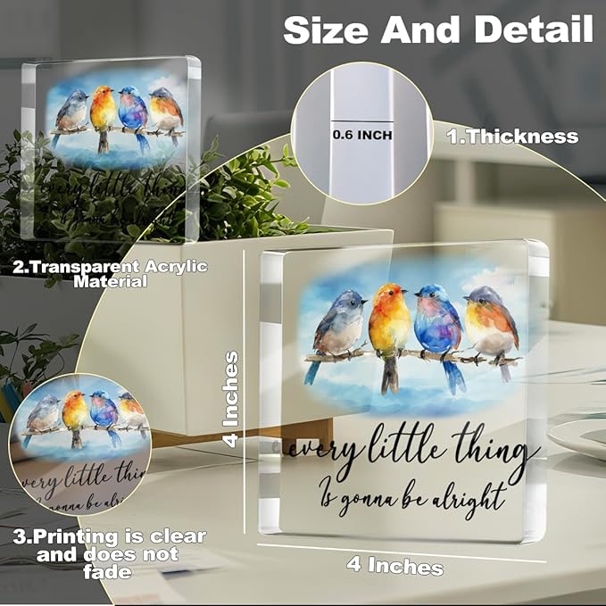 Inspirational Gifts for Women Men Friends, Cute Watercolor Bird Decor Acrylic Sign- Every Little Thing Is Gonna Be Alright, Uplifting Gifts, Positive Quotes Desk Decorative Signs for Home
