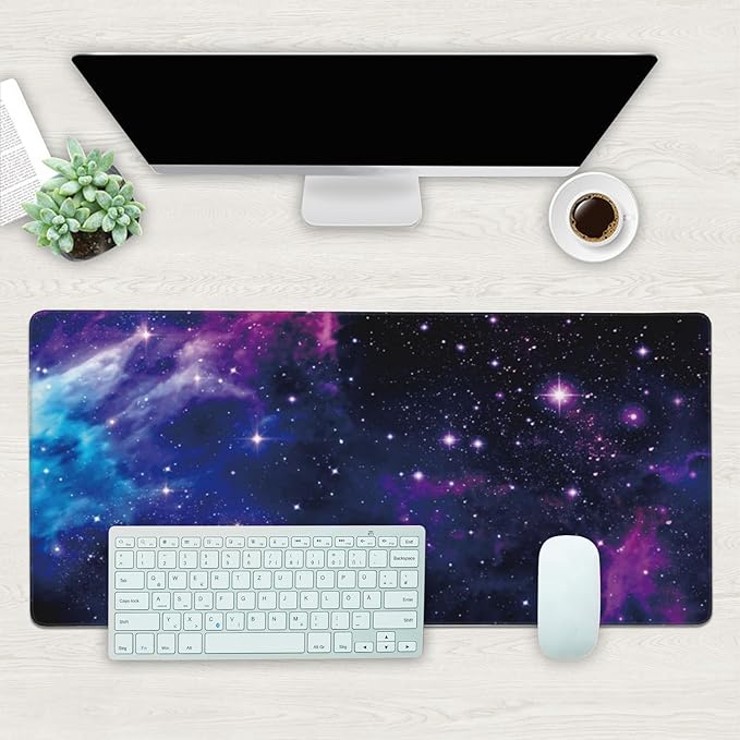 Desk Mat, Galaxy Nebula Universe Space Extended Gaming Mouse Pad Large, Big Mouse Pad with Non-Slip Base and Stitched Edge, Long Computer Keyboard Mouse Mat for Home Office