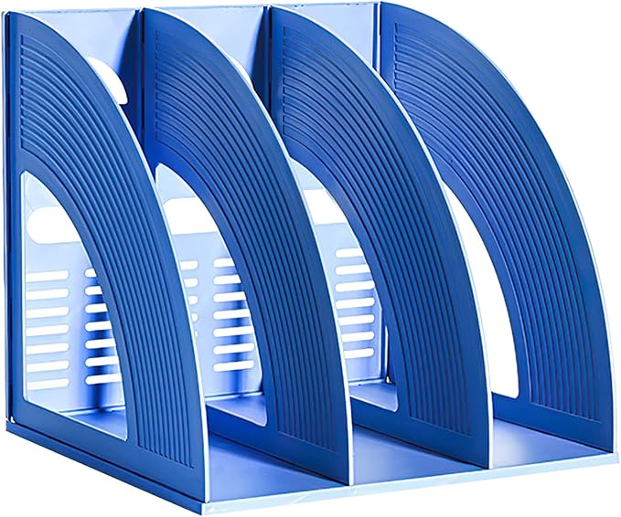 SAYEEC File Holders Folder Magazine Storage Holder Binder Stand 3 Compartment Blue Standing Files Bookshelf Organizer Magazines Divider Black Holds Documents for School Working Students