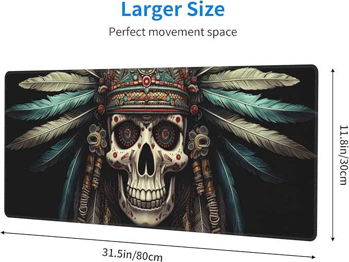 Cute Intricately Decorated Skull with Feather Headdress Pattern Mouse Pad 31.5 x 12 Inch, Non-Slip Rubber Base, Ergonomic Design for Pain Relief, Perfect for Computer Users