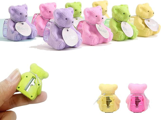 8Pcs Cute Backpack Bear Erasers Desk Pets for Kids, Kawaii Fun Animal Erasers with Pencil Sharpener for School Classroom Supplies Prize Gifts Party Favors