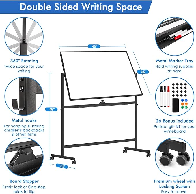 Large Rolling White Board, 48x36 in Double-Sided Mobile Whiteboard, maxtek Reversible Magnetic Dry Erase Board Easel Standing Whiteboard on Wheels School Supplies for Classroom Office and Home, Black