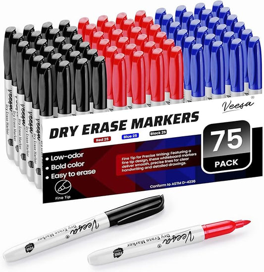VEESA Dry Erase Markers Bulk, Fine Tip, 3 Assorted Colors, 75 Pack Low-Odor Whiteboard Marker Pens for Office Home, Back to School Supplies