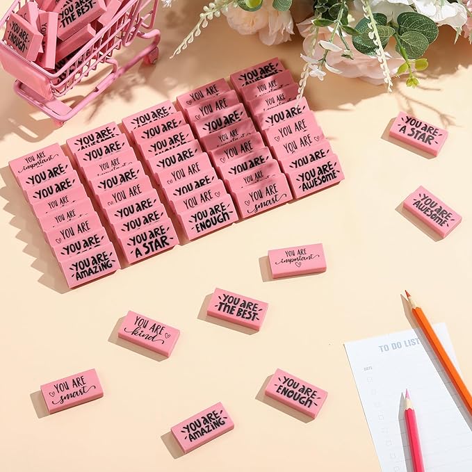 PerKoop 50 Pcs Pcs Inspirational Pink Erasers Bulk Small Motivational Block Pencil Erasers Back to School Gifts for Classroom Students Teachers Office Stationery Supplies