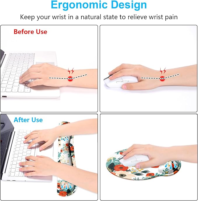 Dapesuom Keyboard Wrist Rest and Mouse Pad with Wrist Support, Cute Memory Foam Cushion for Keyboard and Mouse Set, Ergonomic Pad Rests with Non Slip Base for Easy Typing & Pain Relief, Pink Flowers