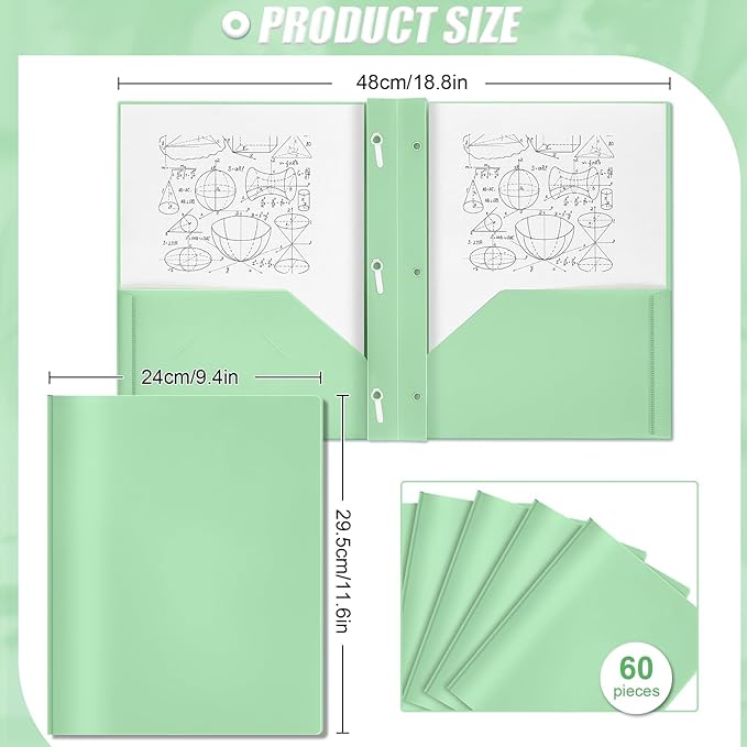 Yeaqee 60 Plastic Folders with Pockets and Prong Plastic Folders with 2 Pockets Pocket for Office, School for Students, Teachers, Office Workers (Sage Green)