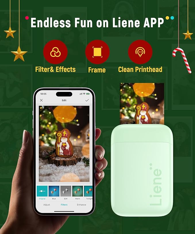 Liene Photo Printer, 2x3” Mini Portable Instant Photo Printer Bundle w/ 50 Zink Adhesive Paper, Bluetooth 5.0, Compatible w/iOS & Android, Small Color Mono Picture Printer for iPhone, Smartphone Green