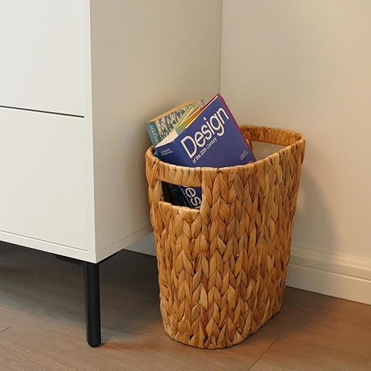 PINXIURY Bathroom Wicker Trash Can Handwoven Wicker Waste Basket with Built-in Handles Water Hyacinth Garbage Can for Bedroom Office Kitchen 100% Handmade 13" L x 7.5" W x 12.2" H, 3.2 Gallon