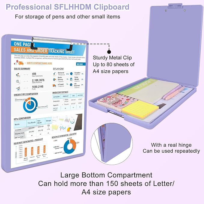 Clipboard with Storage,Three-Tier Box Clipboards(Letter Size),Storage Clipboard with Clip Form Holder Clipboards,Dry Erase Clip Boards 8.5x11 with Storage for Office School Supplies Clip Board-Purple