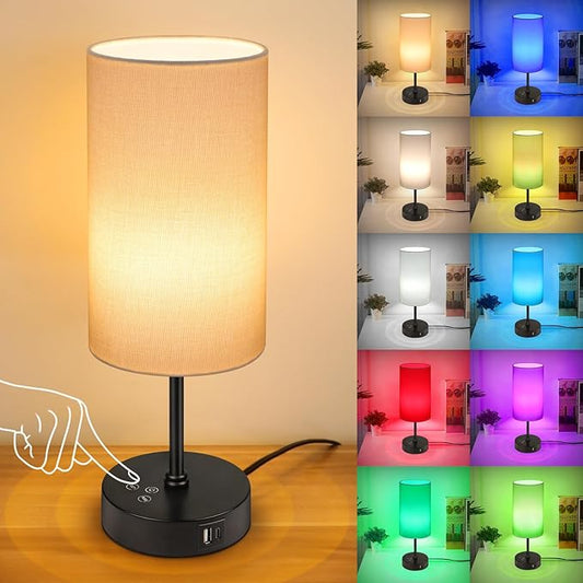 Unicozin Small Table Lamp, 3 CCT 3000K/4500K/6500K & RGB Color Changing, Stepless Dimmable Bedside Lamp for Reading, Touch Control Ambience Nightstand Light for Home Decor Party, Cream Shade