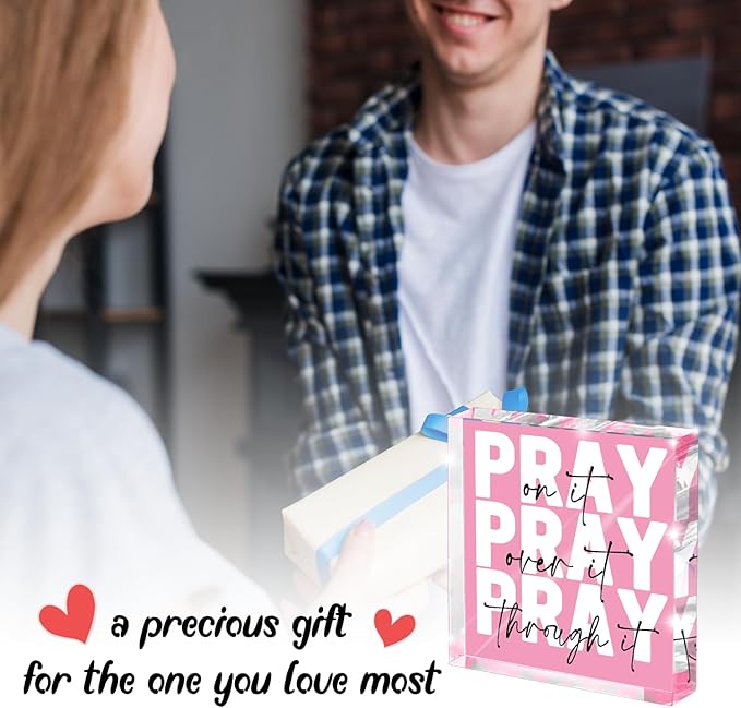 Pray on it, Pray over it, Pray through it - Pink Christian Gifts for Women, Get Well Presents, Pink Encouragement Dorm Room Decor for Female - Christian Presents for Women, Acrylic Sign