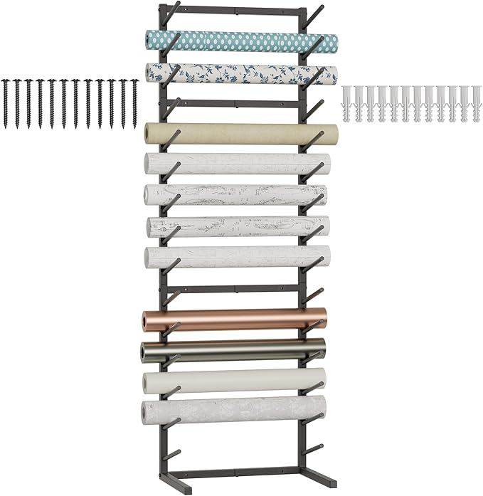 GIOTORENT Wall Mount Blueprint Storage Rack,15-Tier Heavy Duty Blueprint Holder for Construction Plan, Posters,Vinyl Rolls, Art Prints, Max 30lb/Arm, Easy Mount for Home, Office(Matte Black)