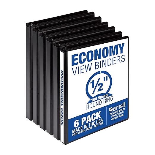 Samsill 0.5 Inch 3 Ring Binder, Made in USA, Economy Round Ring, Clear View Cover, 100 Sheet Capacity - for School, Home, Office - Black, 6 Pack