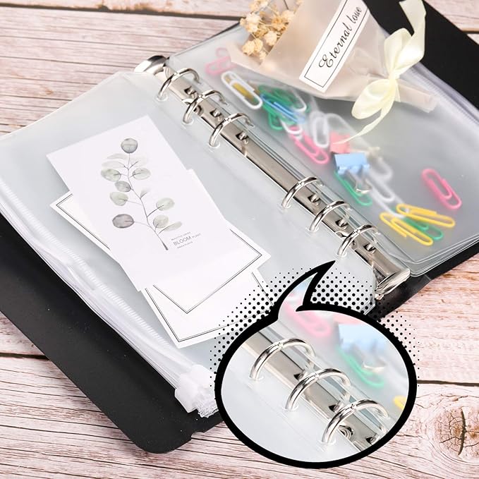 60 Packs A6 Size 6 Holes Binder Pockets Plastic Binder Zipper Folders Waterproof 6 Holes Zipper Loose Leaf Bags for Documents Notebooks Cards