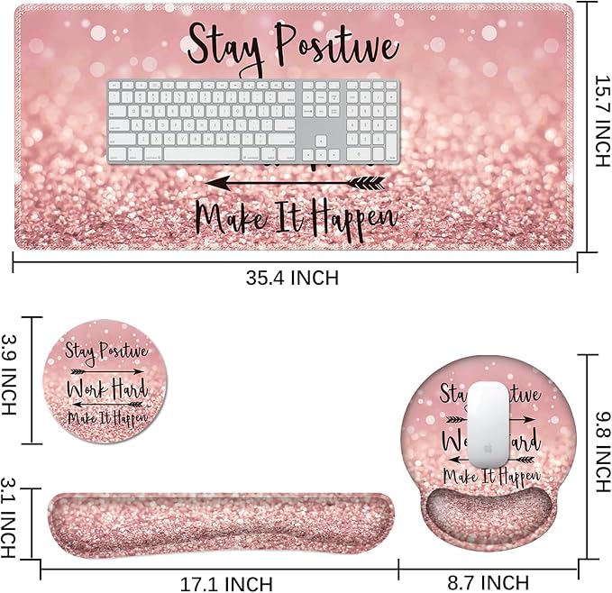 DINKY Large Gaming Mouse Mat and Mouse Pad Wrist Keyboard Wrist Rest Set, Anti-Slip Base Mousepad + Coaster, 35.4 x 15.80-inch, Ergonomic Wrist Support for Home Working Gaming-PinkQuote