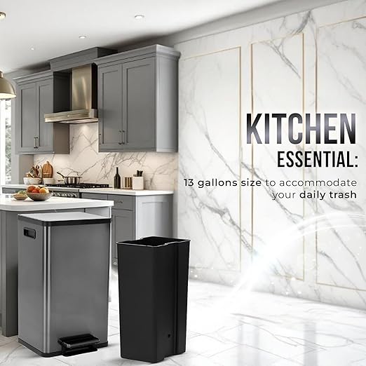 Simpli-Magic 13.2 Gallon (50L) Step Trash Can – Kitchen Garbage Can with Slow-Close Lid – Odor Control, Hands-Free, Easy to Clean, Brushed Stainless Steel